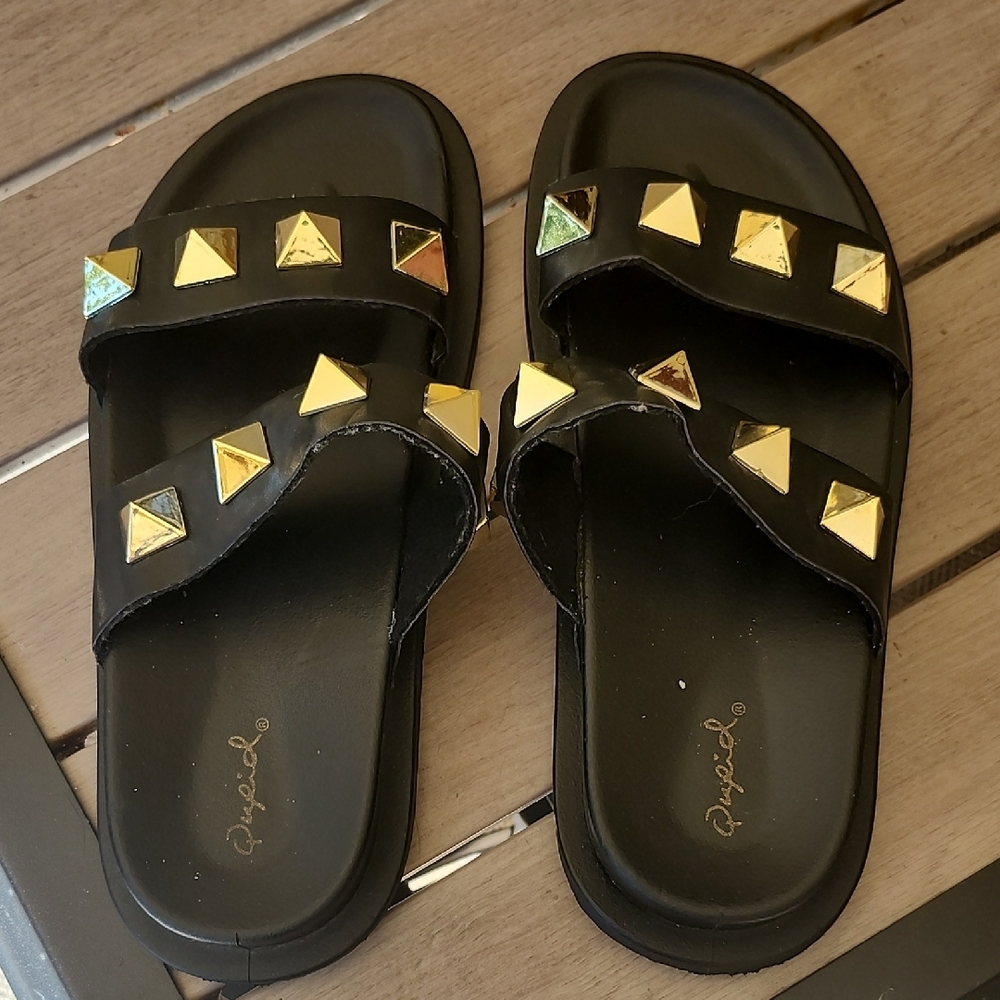 Black Sandals with Gold Pyramid Studs